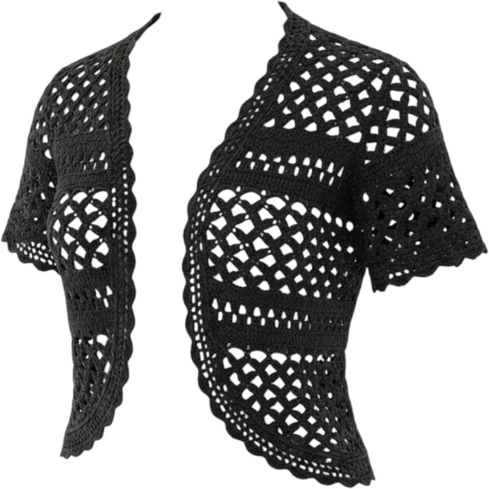 Spense Black Crochet Cardigan Short Sleeve Open Knit Ramie Cotton Shrug Medium